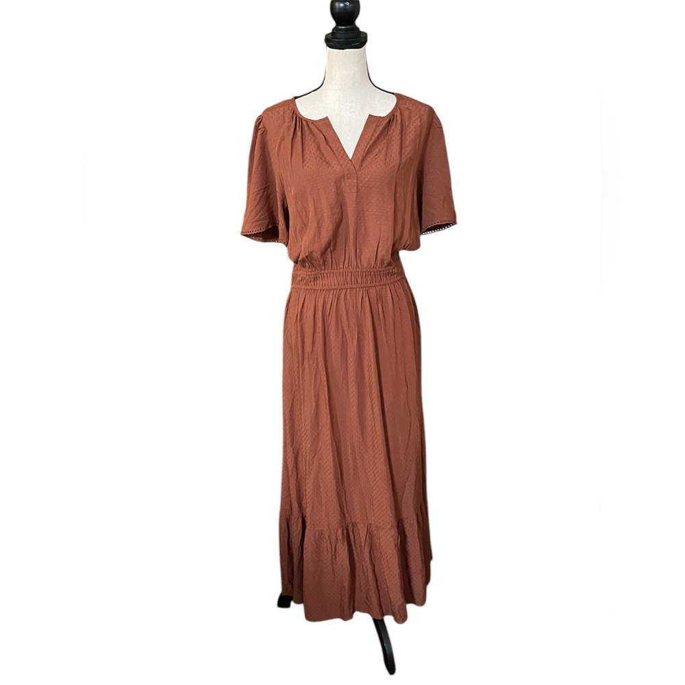 LOFT Outlet Prairie Dress Large Brown Embossed Maxi Short Sleeve Western NWT